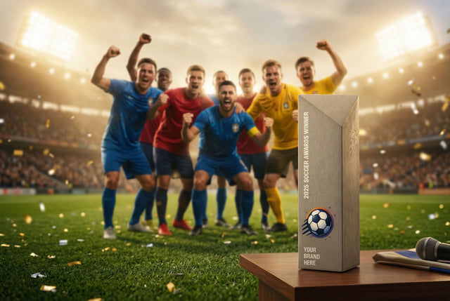 Beton-Award für Fußballturnier auf einem Tisch im Stadion, jubelnde Mannschaft im Hintergrund.