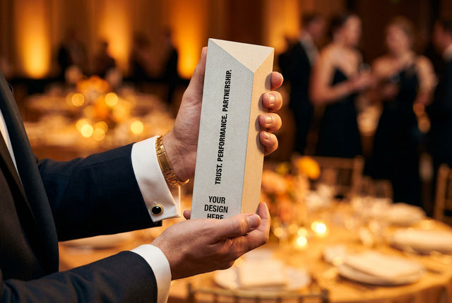 Beton-Award wird bei einer festlichen Gala in den Händen gehalten, Gäste im Hintergrund.