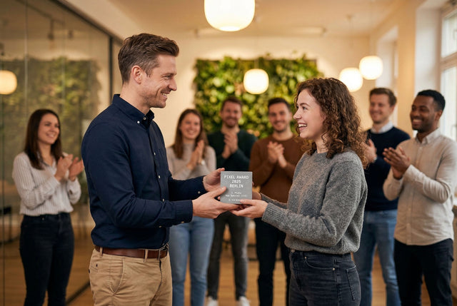 Mitarbeiterin erhält einen Beton-Award bei einer Preisverleihung im Büro, Team applaudiert im Hintergrund.