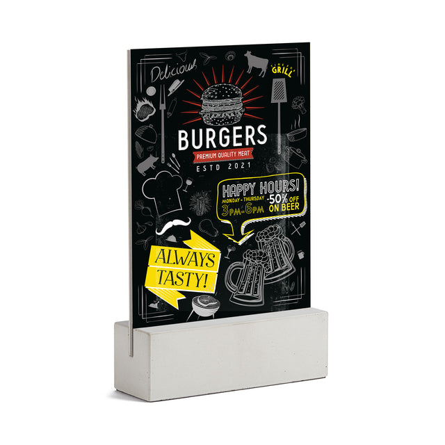 Tischaufsteller aus Beton mit Burgerwerbung