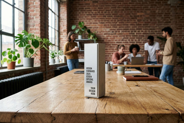 Beton-Award auf einem Holztisch im Büro-Loft, Team arbeitet im Hintergrund.