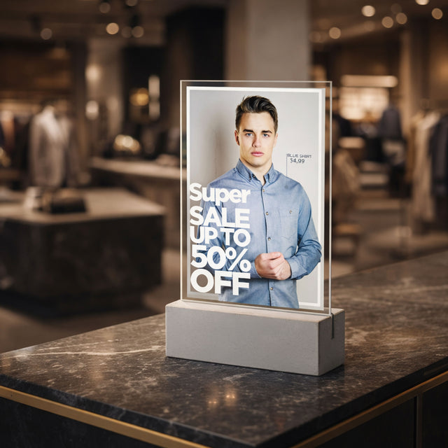 Beton-Tischaufsteller mit transparentem Acrylrahmen und Sale-Plakat auf Ladentheke in einem Modegeschäft.