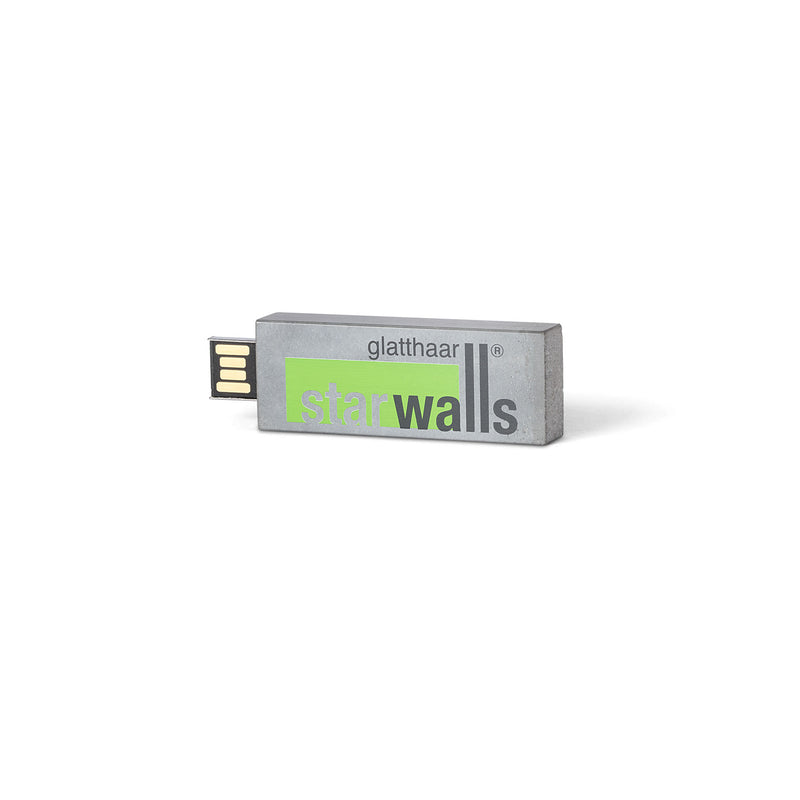 Ein hochwertiger Beton-USB-Stick mit maßgeschneidertem Siebdruck, gedacht als Werbegeschenk für Glatthaar Starwalls